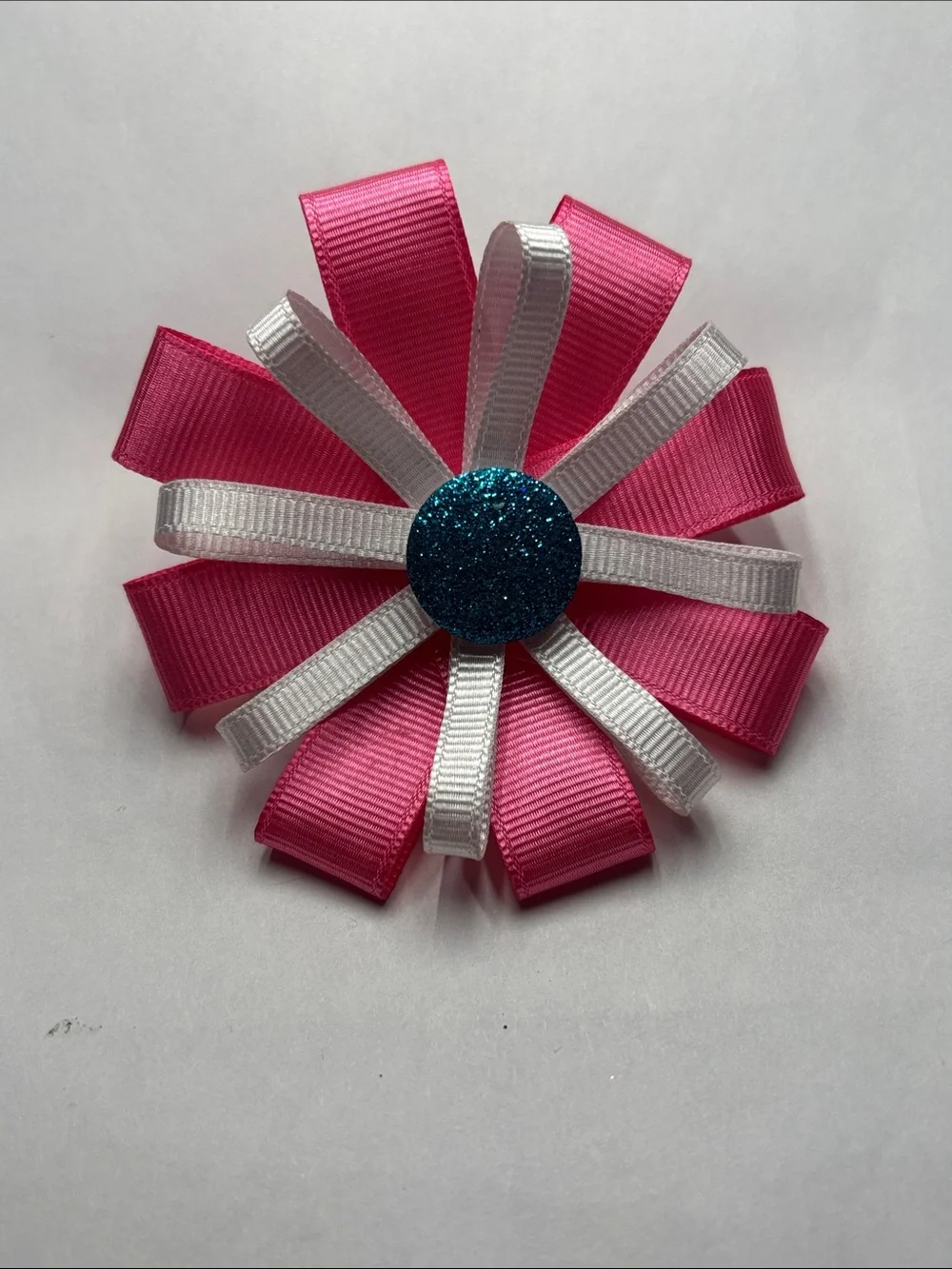 Pink and White Ribbon Flower Hair Bow with Blue Glitter Center